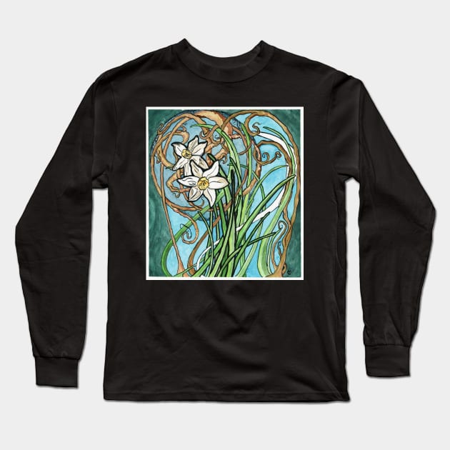 Two Daffodils and Branches Painting in Art Nouveau Style Long Sleeve T-Shirt by CrysOdenkirk